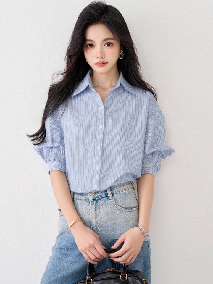 봄 여름 여성 카라넥 스트라이프셔츠 반팔 루즈핏 퍼프소매 데일리룩 오피스룩 면티 - 상세 이미지 4