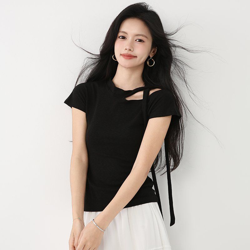 봄 여름 여성 슬림핏 반팔티셔츠 넥스트랩 언발란스넥 홀터넥 데일리룩 라운드넥 - 상세 이미지 2