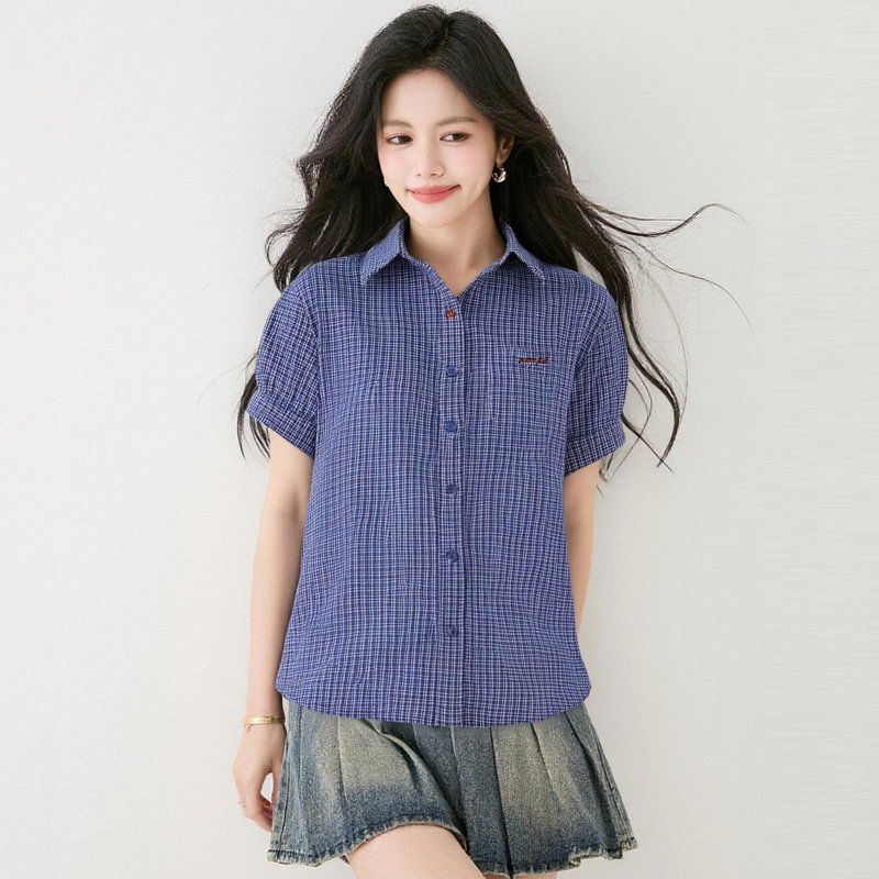 봄 여름 여성 체크셔츠 반팔 카라넥 루즈핏 데일리룩 캐주얼 남방 블라우스 포켓 - 상품 이미지
