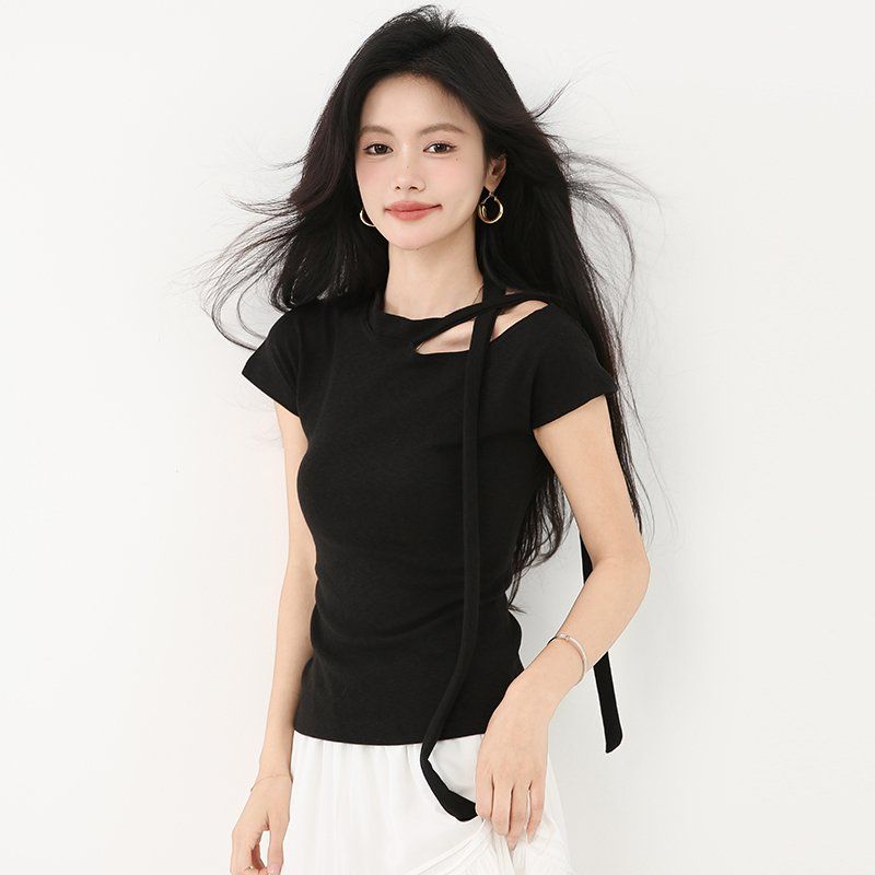 봄 여름 여성 슬림핏 반팔티셔츠 넥스트랩 언발란스넥 홀터넥 데일리룩 라운드넥 - 상세 이미지 4