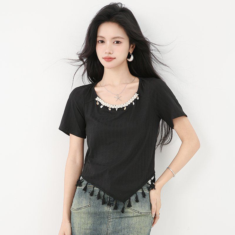 봄 여름 여성 스퀘어넥 크롭티셔츠 넥비즈 태슬밑단 슬림핏 골지 반팔 데일리룩 면티 - 상세 이미지 3