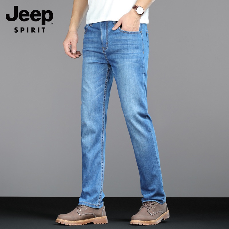 JEEP 지프 남자 청바지 슬림 스판 빅사이즈 라이트 블루 와이드 일자 팬츠 - 상품 이미지