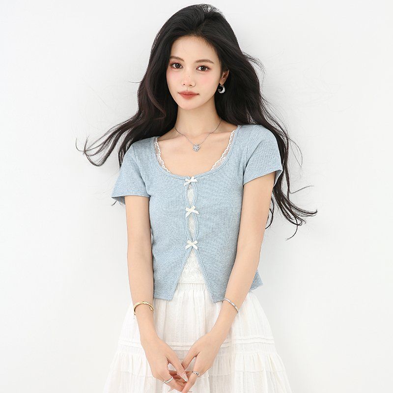 봄 여름 여성 스퀘어넥 크롭가디건 리본장식 슬림핏 골지 반팔 데일리룩 레이스넥