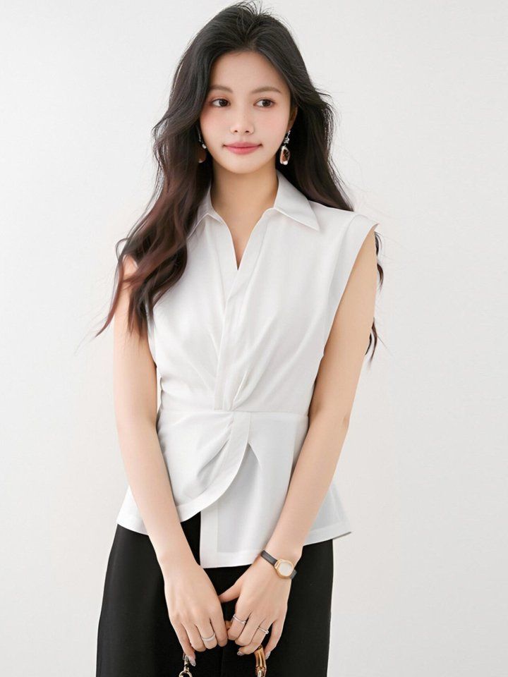 봄 여름 여성 카라넥 민소매셔츠 허리꼬임 슬림핏 블라우스 오피스룩 데일리 나시 - 상세 이미지 4