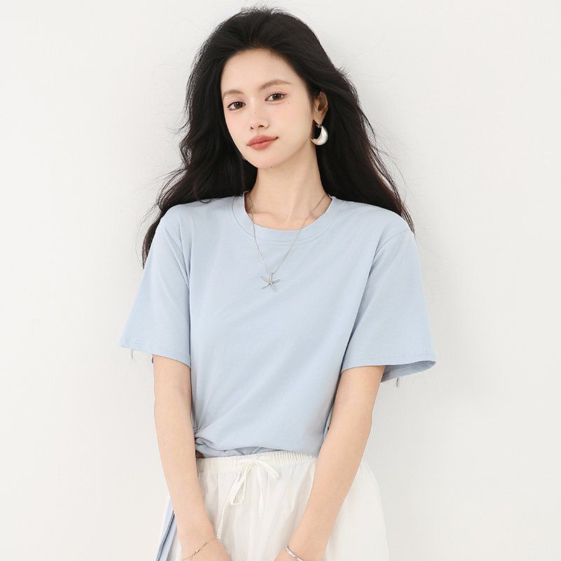 봄 여름 여성 라운드넥 반팔티셔츠 루즈핏 밑단매듭 스트랩 데일리룩 캐주얼 면티 - 상세 이미지 4
