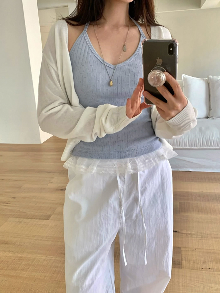 레이스 홀터넥 나시 여자 크롭티 민소매 탑 이너티 레이어드 여성 나시티 여름 티셔츠 탱크탑 - 상세 이미지 2