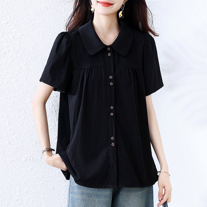 봄 여름 빅사이즈 퍼프소매 피터팬카라 블라우스 셔링 데일리룩 여성셔츠 면소재 - 상세 이미지 2
