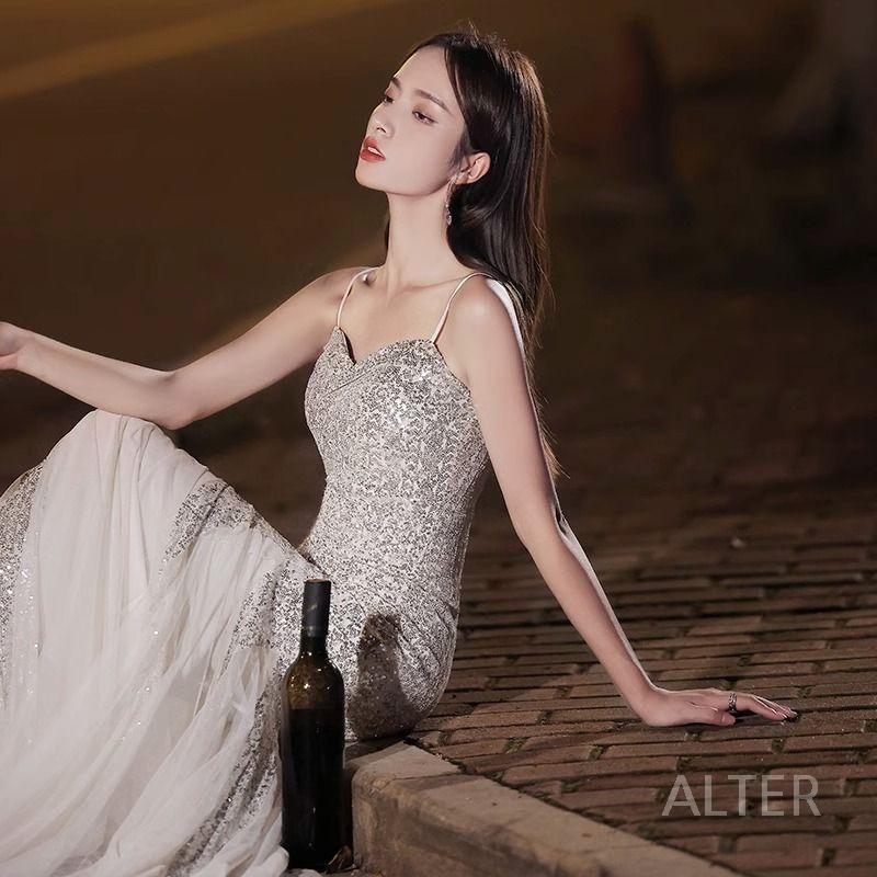 피로연 드레스 파티 행사 머메이드 롱드레스 실버 XS - 상세 이미지 4