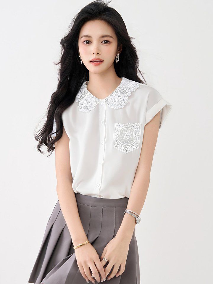 봄 여름 여성 민소매셔츠 레이스카라 루즈핏 블라우스 데일리룩 포켓 나시 시원한 - 상세 이미지 5