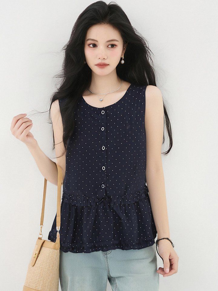 봄 여름 여성 라운드넥 도트블라우스 민소매 루즈핏 페플럼 데일리룩 나시 시원한 - 상세 이미지 4
