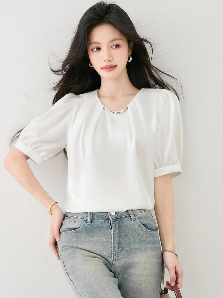 봄 여름 여성 라운드넥 체인블라우스 반팔 퍼프소매 루즈핏 데일리룩 오피스룩 면티 - 상세 이미지 3