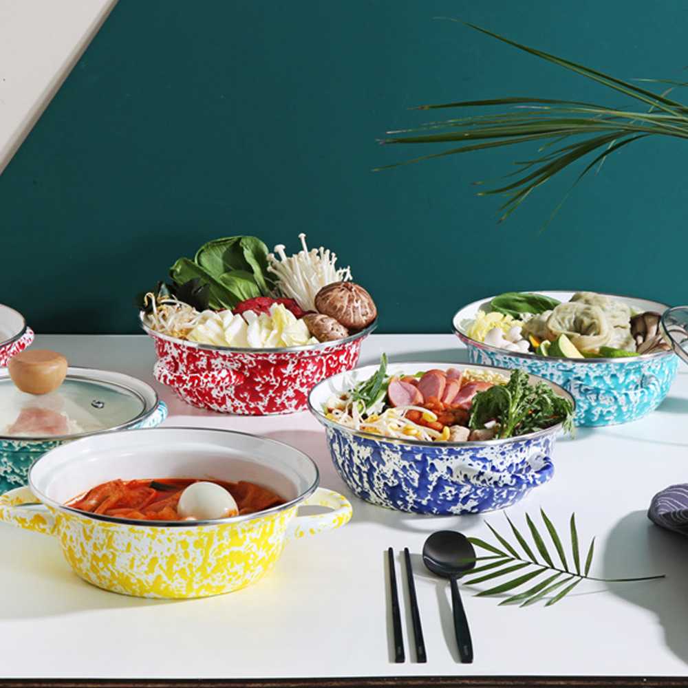 하코야 마블 법랑 전골 양수냄비 (뚜껑포함) 19cm, 레드 - 상세 이미지 5