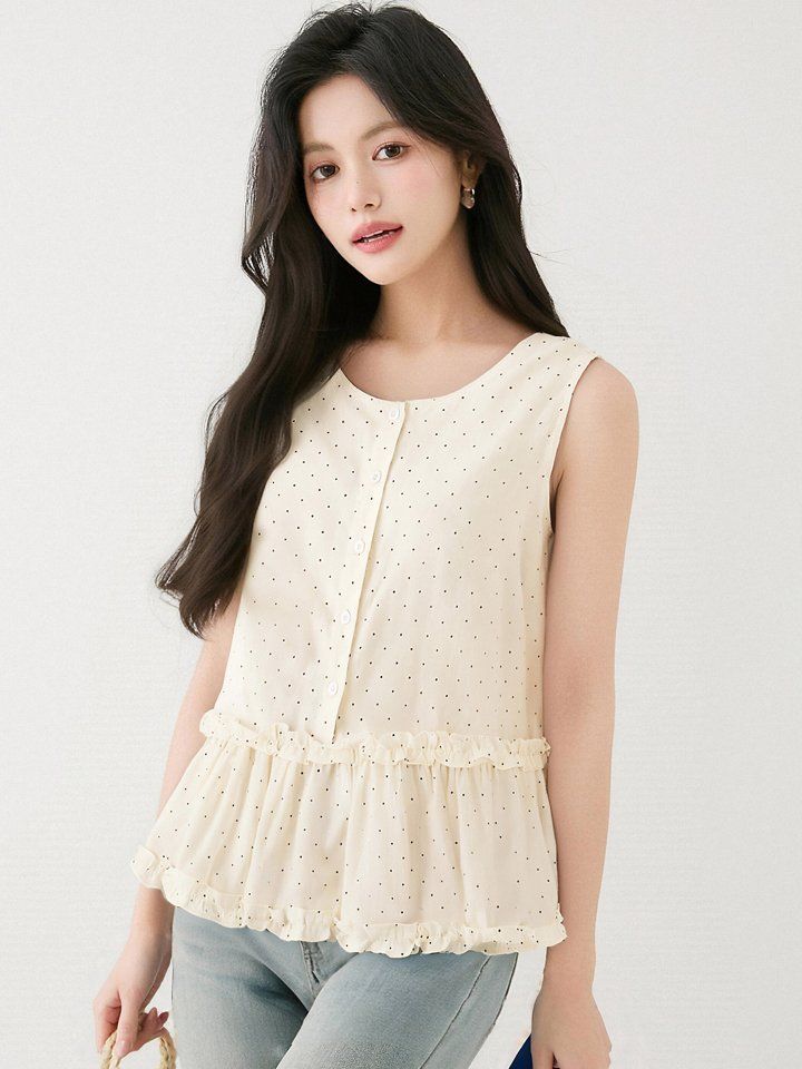 봄 여름 여성 라운드넥 도트블라우스 민소매 루즈핏 페플럼 데일리룩 나시 시원한 - 상세 이미지 3