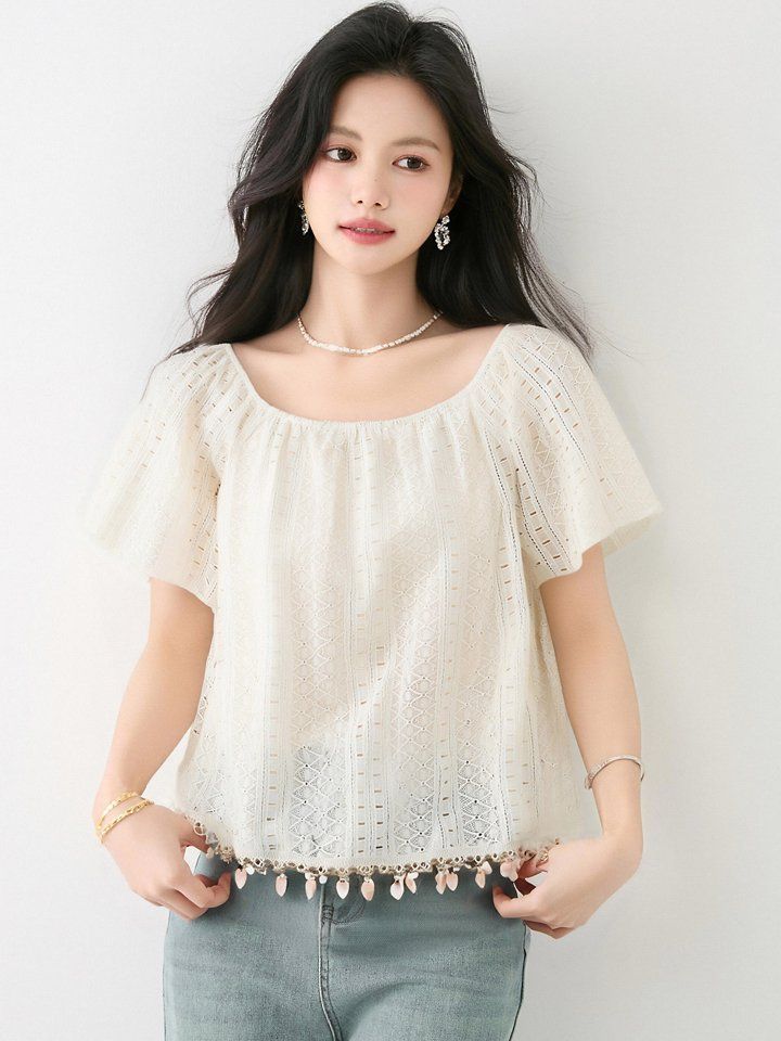봄 여름 여성 오프숄더블라우스 퍼프소매 루즈핏 펀칭 크롭티셔츠 스퀘어넥 데일리 - 상세 이미지 2