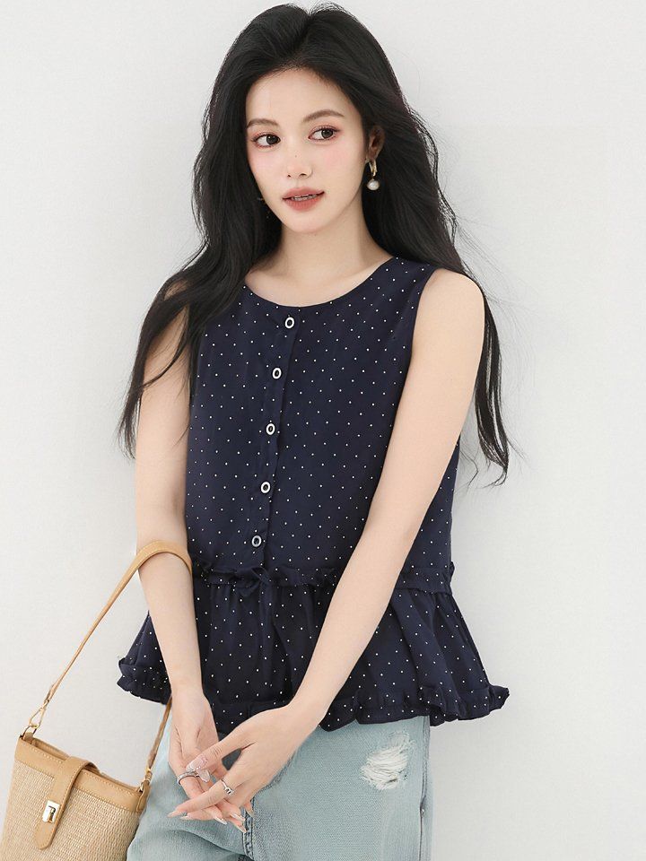봄 여름 여성 라운드넥 도트블라우스 민소매 루즈핏 페플럼 데일리룩 나시 시원한 - 상세 이미지 2