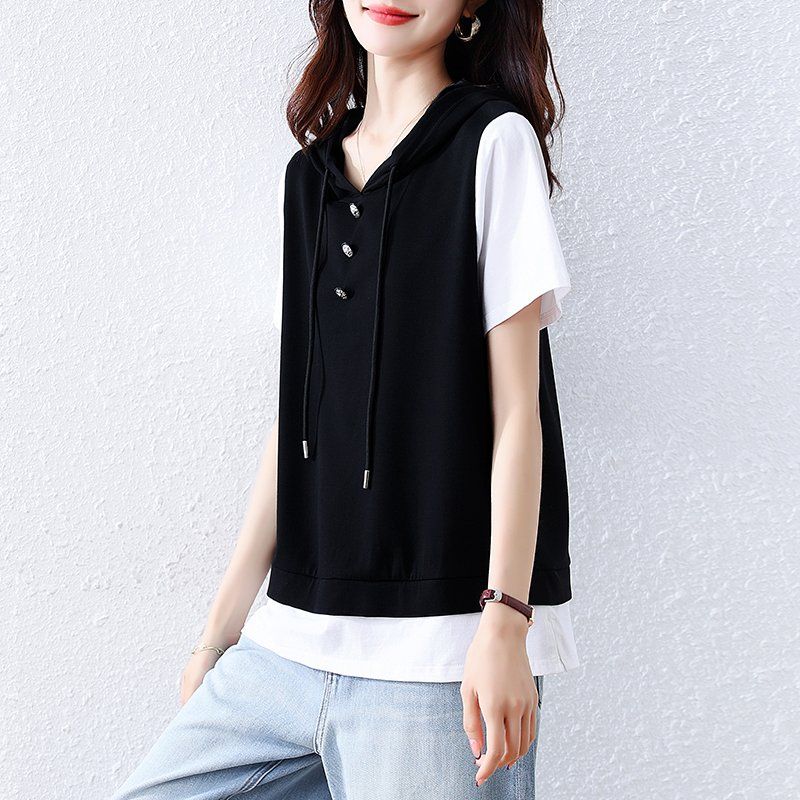 봄 여름 여성 빅사이즈 반팔후드티 레이어드 루즈핏 버튼장식 배색 캐주얼 면티 - 상세 이미지 3