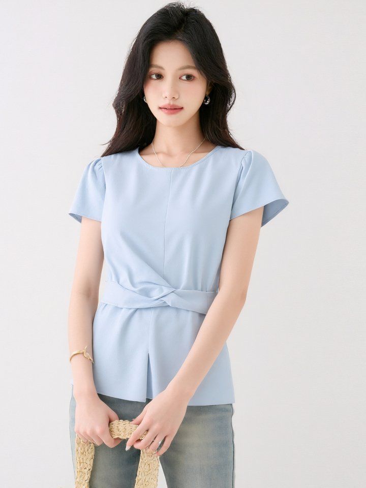 봄 여름 여성 라운드넥 플러터소매 벨티드블라우스 슬림핏 허리매듭 데일리룩 면티 - 상세 이미지 3