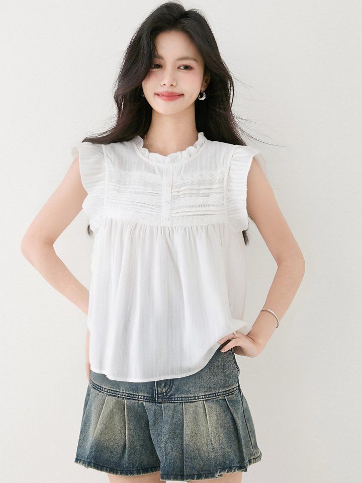 봄 여름 여성 프릴블라우스 민소매 라운드넥 루즈핏 핀턱 데일리룩 나시 시원한 면티 - 상세 이미지 3
