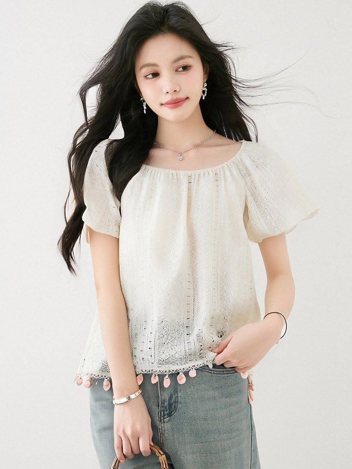 봄 여름 여성 오프숄더블라우스 퍼프소매 루즈핏 펀칭 크롭티셔츠 스퀘어넥 데일리 - 상세 이미지 5