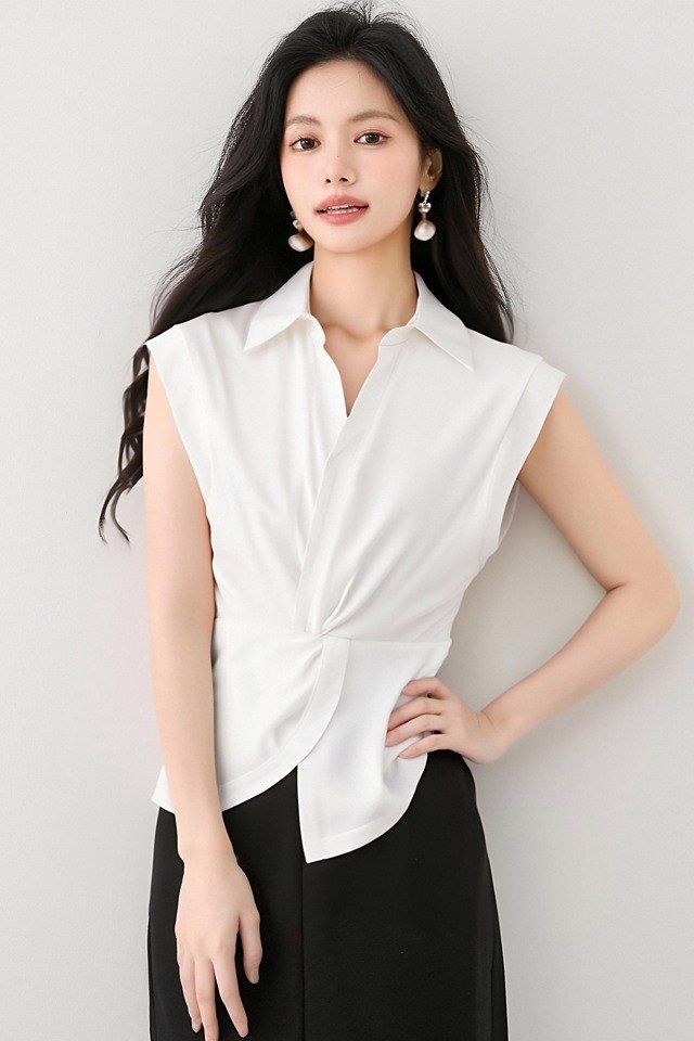 봄 여름 여성 카라넥 민소매셔츠 허리꼬임 슬림핏 블라우스 오피스룩 데일리 나시 - 상세 이미지 5