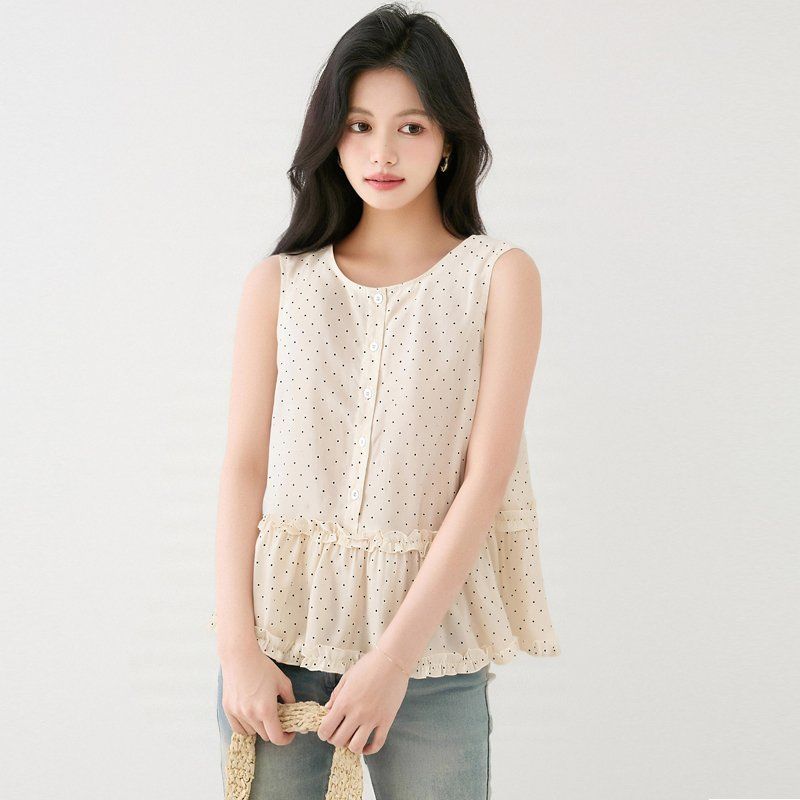 봄 여름 여성 라운드넥 도트블라우스 민소매 루즈핏 페플럼 데일리룩 나시 시원한 - 상세 이미지 5