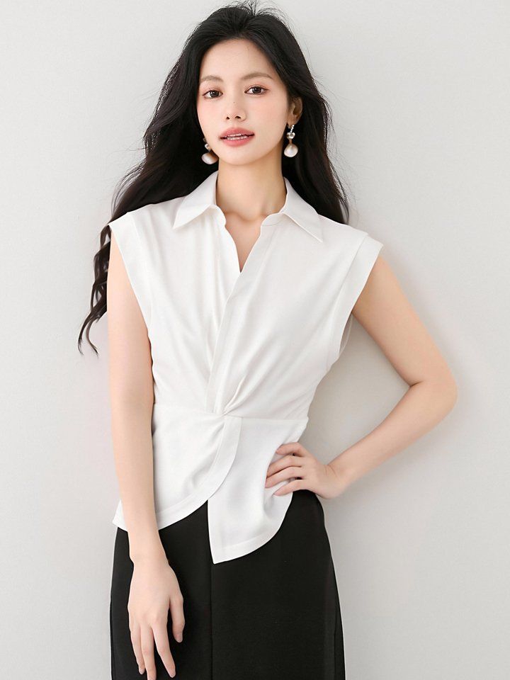 봄 여름 여성 카라넥 민소매셔츠 허리꼬임 슬림핏 블라우스 오피스룩 데일리 나시 - 상세 이미지 2