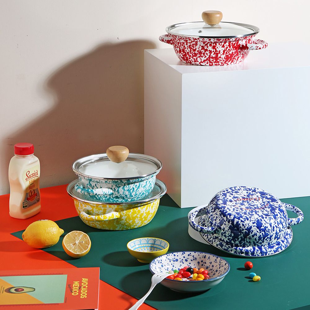 하코야 마블 법랑 전골 양수냄비 (뚜껑포함) 19cm, 레드 - 상세 이미지 2