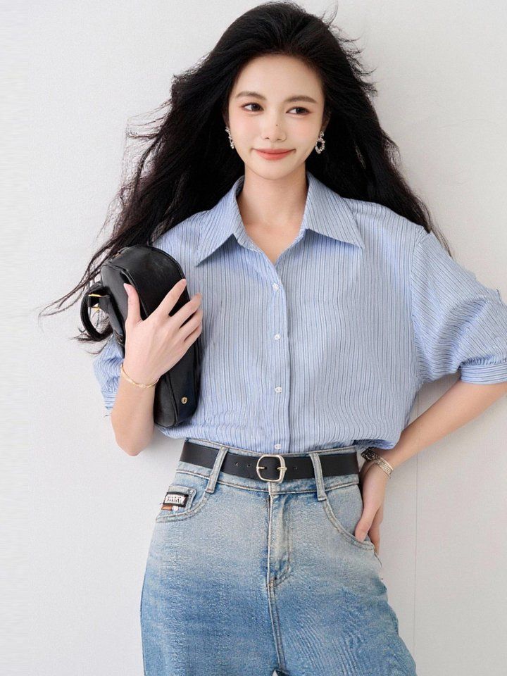 봄 여름 여성 카라넥 스트라이프셔츠 반팔 루즈핏 퍼프소매 데일리룩 오피스룩 면티 - 상세 이미지 3