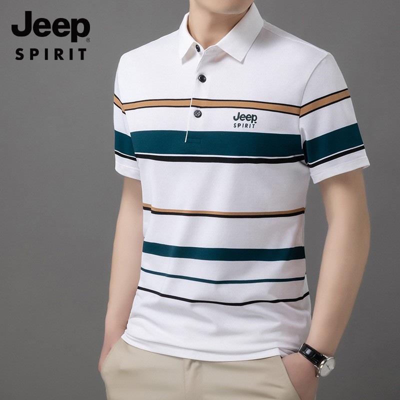 JEEP SPIRIT 남성 반팔 여름 셔츠 스트라이프 카라 티셔츠 - 상세 이미지 3