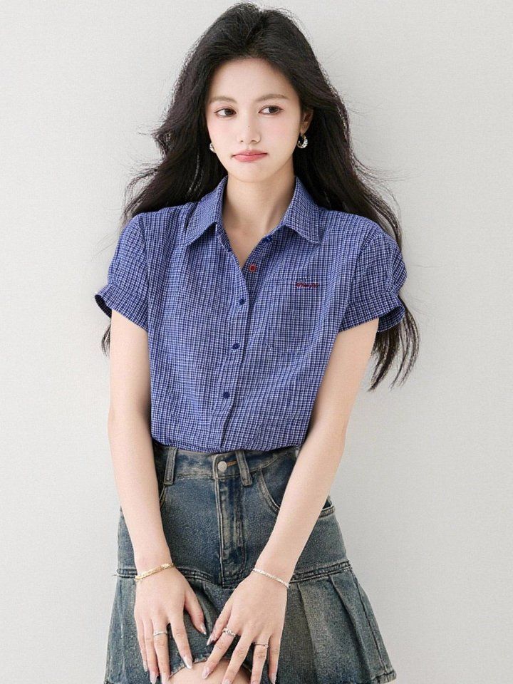 봄 여름 여성 체크셔츠 반팔 카라넥 루즈핏 데일리룩 캐주얼 남방 블라우스 포켓 - 상세 이미지 4