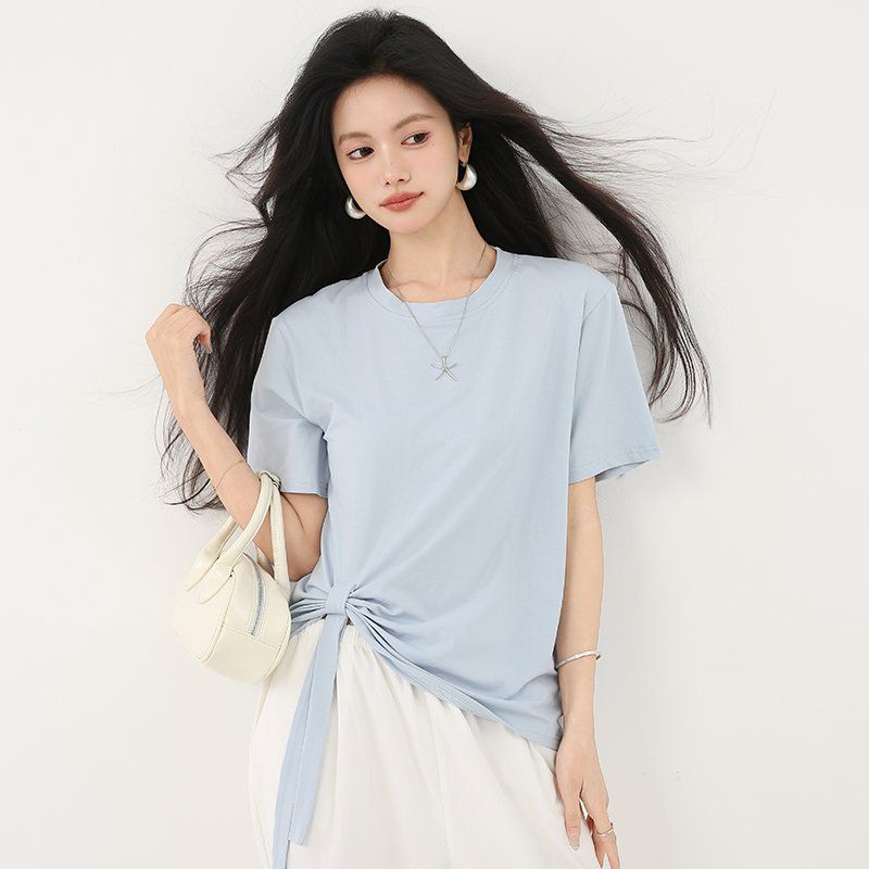봄 여름 여성 라운드넥 반팔티셔츠 루즈핏 밑단매듭 스트랩 데일리룩 캐주얼 면티 - 상품 이미지