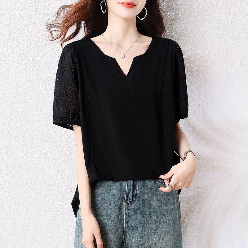 봄 여름 빅사이즈 브이넥 레이스소매 블라우스 펀칭 루즈핏 데일리룩 여성티셔츠 - 상세 이미지 3