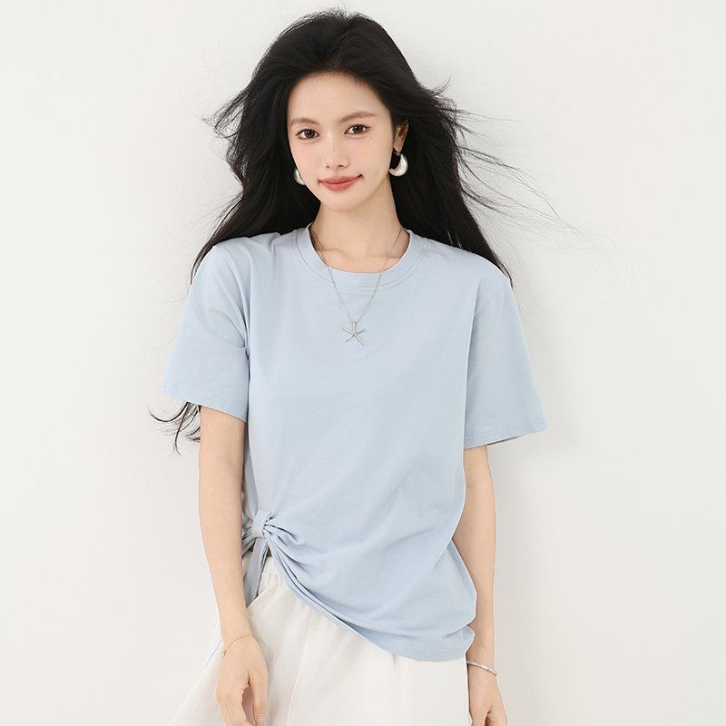 봄 여름 여성 라운드넥 반팔티셔츠 루즈핏 밑단매듭 스트랩 데일리룩 캐주얼 면티 - 상세 이미지 2
