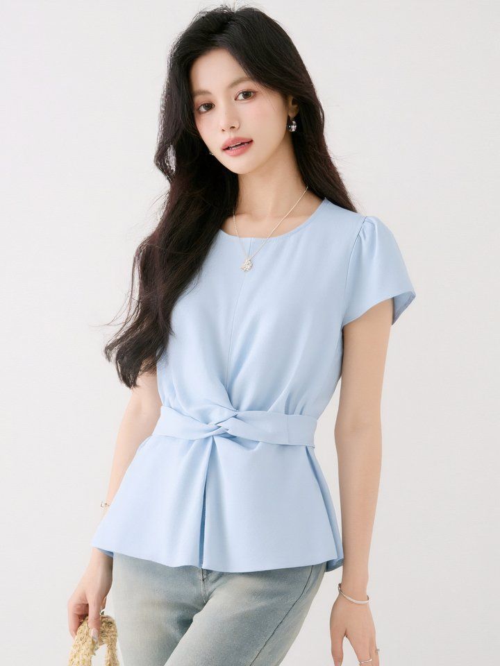 봄 여름 여성 라운드넥 플러터소매 벨티드블라우스 슬림핏 허리매듭 데일리룩 면티 - 상세 이미지 2