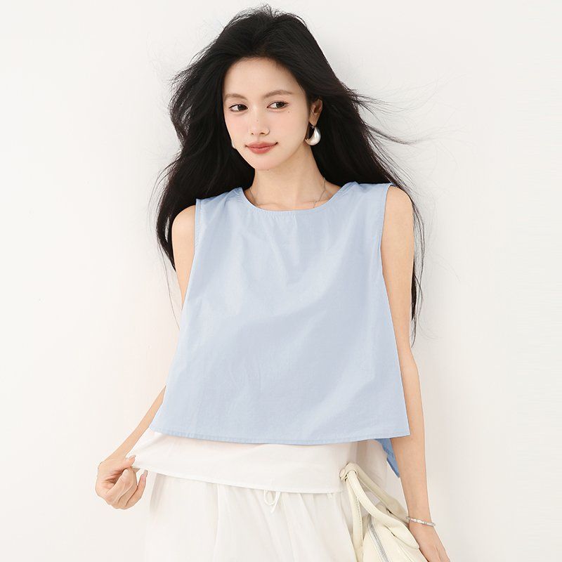봄 여름 여성 라운드넥 민소매블라우스 레이어드 백리본 루즈핏 나시 데일리룩 시원한 - 상세 이미지 3