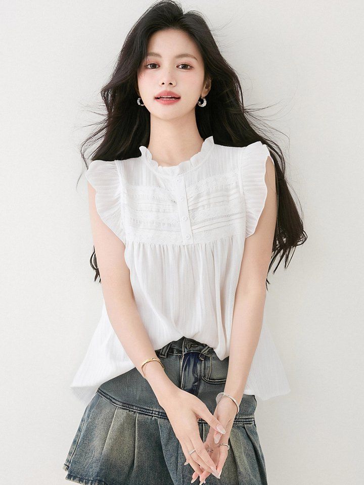 봄 여름 여성 프릴블라우스 민소매 라운드넥 루즈핏 핀턱 데일리룩 나시 시원한 면티 - 상세 이미지 2