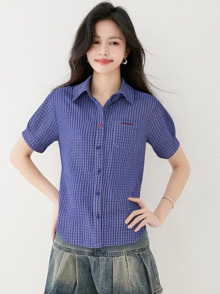 봄 여름 여성 체크셔츠 반팔 카라넥 루즈핏 데일리룩 캐주얼 남방 블라우스 포켓 - 상세 이미지 3