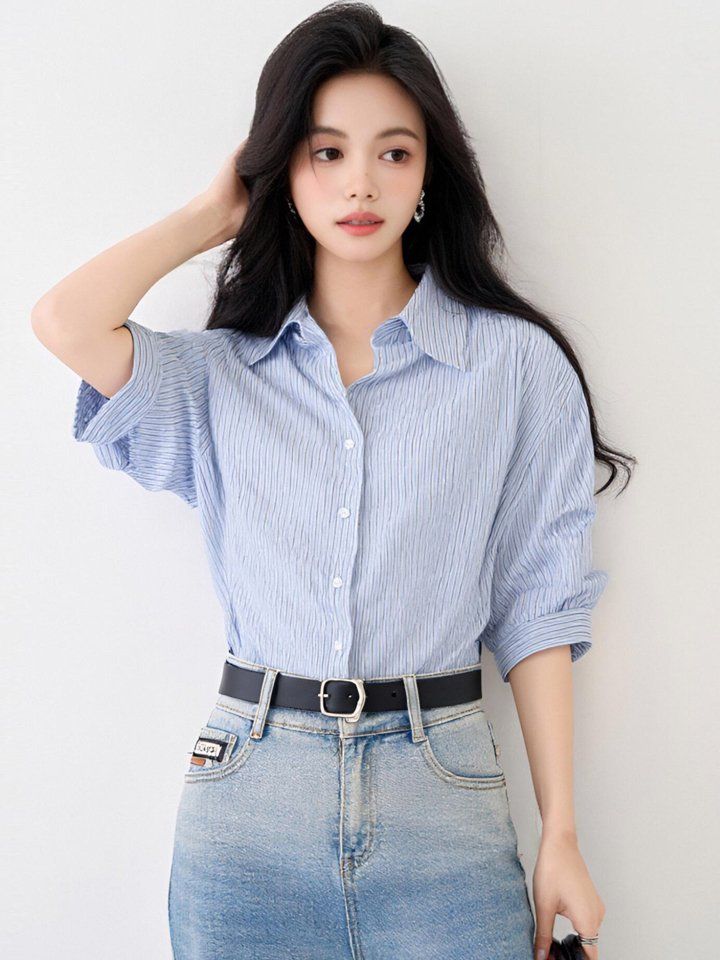 봄 여름 여성 카라넥 스트라이프셔츠 반팔 루즈핏 퍼프소매 데일리룩 오피스룩 면티 - 상세 이미지 2