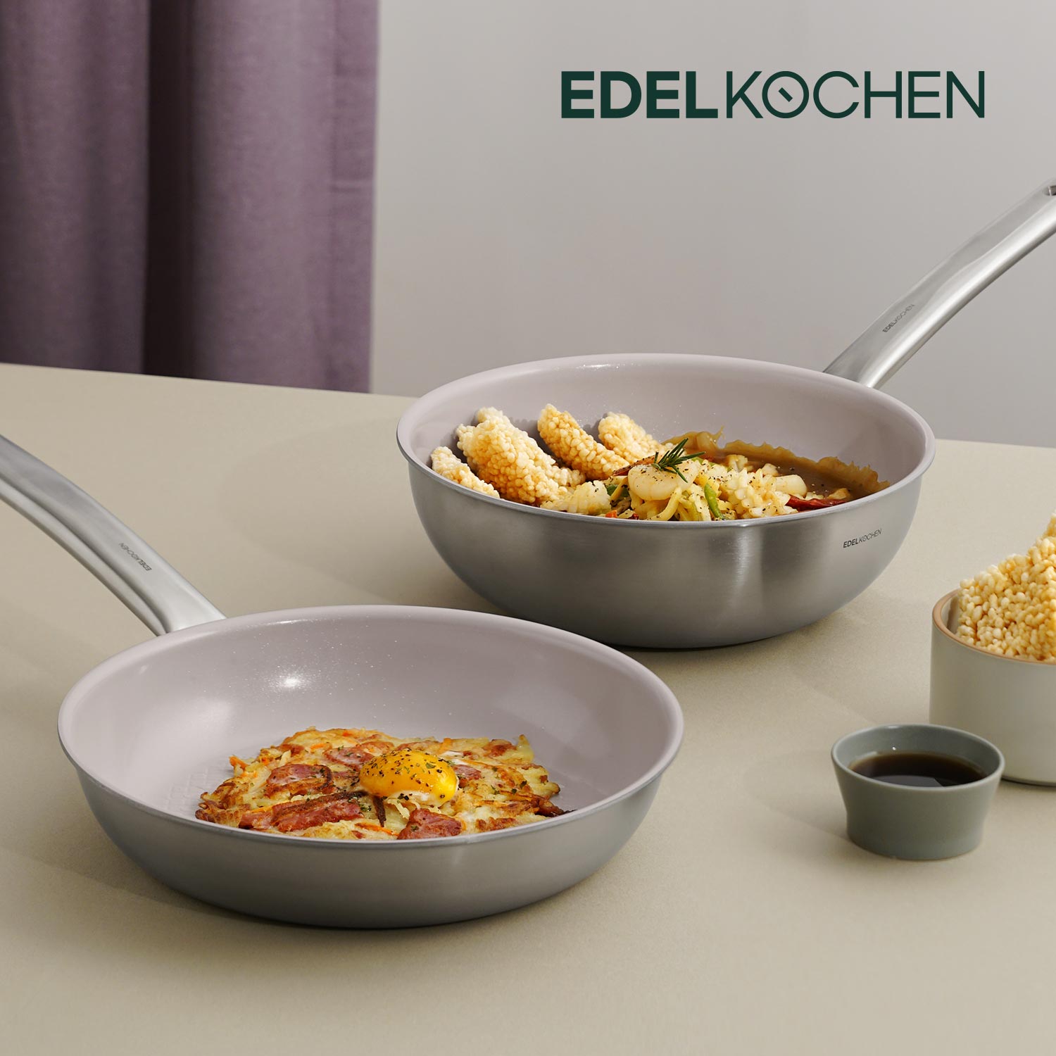 [N단독]에델코첸 이지프리즘 스텐후라이팬+웍팬+뚜껑커버 인덕션 가스레인지 24cm 얼그레이