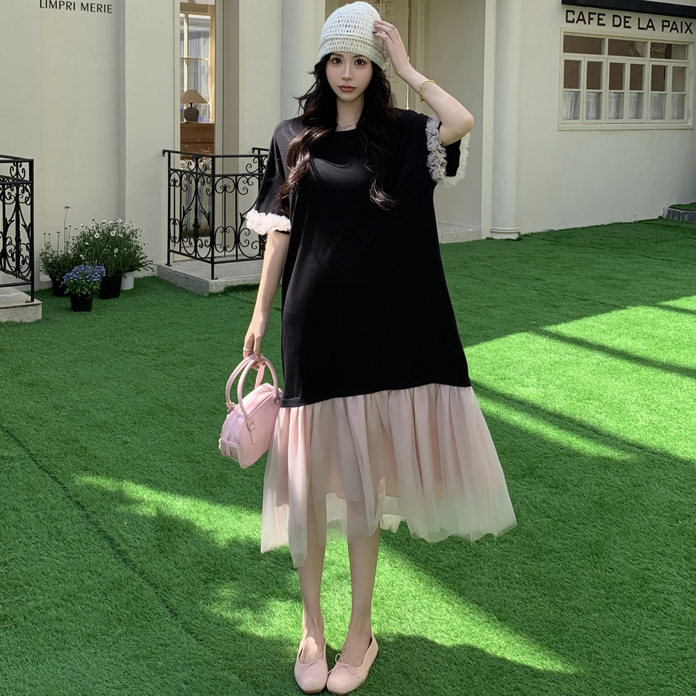 블랙 루즈핏 시스루배색 티셔츠 롱원피스 검은 색 L - 상세 이미지 2