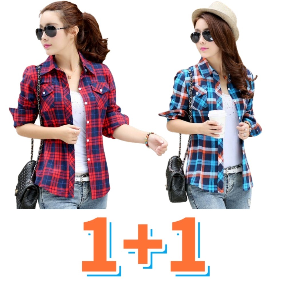 1+1 여성 체크 남방 루즈핏 긴팔 빈티지 격자 무늬 셔츠 01. M - 상세 이미지 2