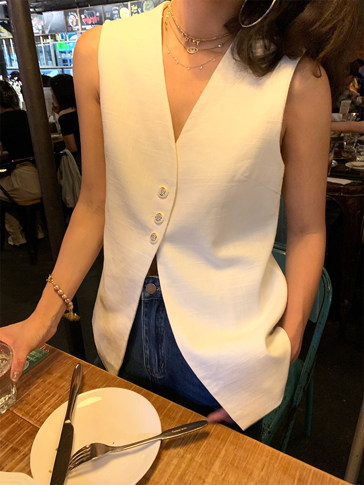 브이넥 쓰리버튼 린넨민소매조끼 캐주얼정장 루즈핏 고급 스타일 디자인 봄여름 화이트 - 상세 이미지 2