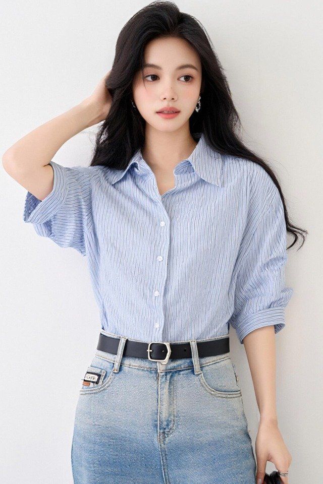 봄 여름 여성 카라넥 스트라이프셔츠 반팔 루즈핏 퍼프소매 데일리룩 오피스룩 면티 - 상세 이미지 5