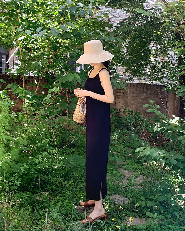 [자체제작] 1980 여름 시원한 고급 나시 브이넥 니트 롱 원피스 블랙