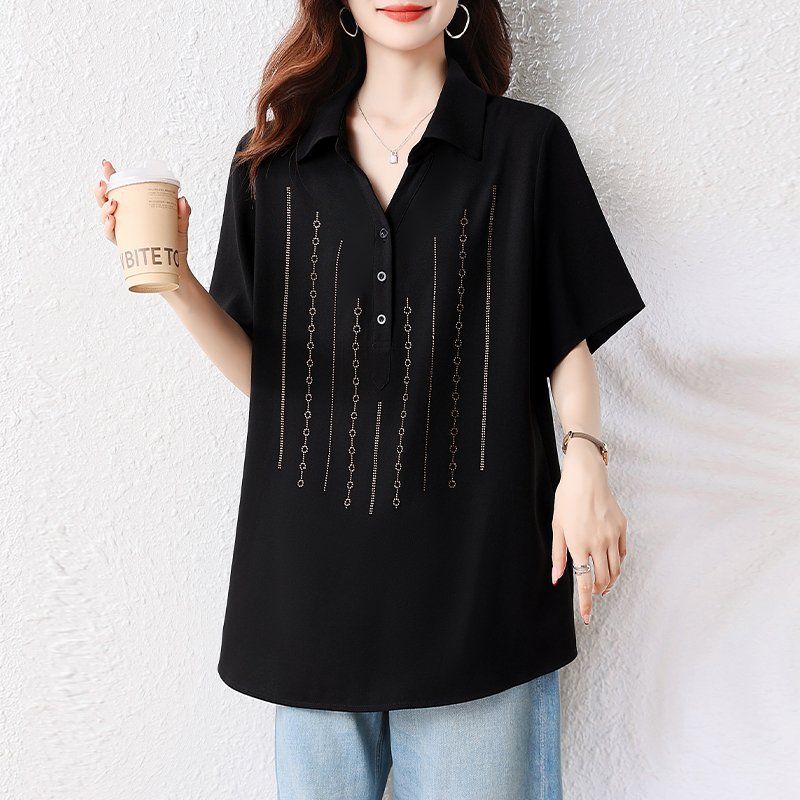 봄 여름 여성 빅사이즈 카라넥 블라우스 큐빅장식 루즈핏 반팔 데일리룩 오피스룩 셔츠 - 상세 이미지 2