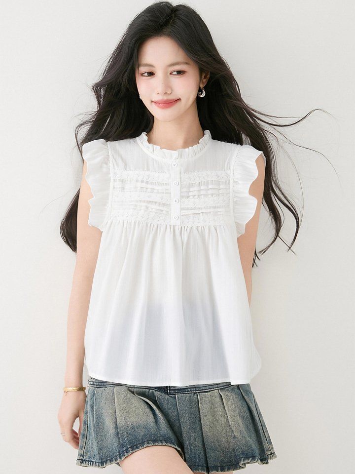 봄 여름 여성 프릴블라우스 민소매 라운드넥 루즈핏 핀턱 데일리룩 나시 시원한 면티 - 상세 이미지 4