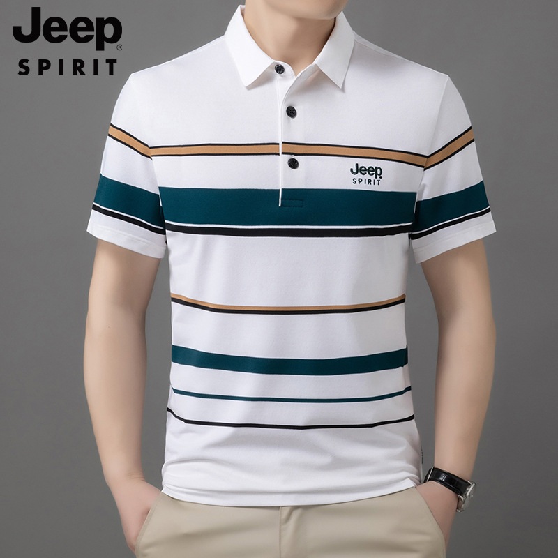 JEEP SPIRIT 남성 반팔 여름 셔츠 스트라이프 카라 티셔츠 - 상세 이미지 2
