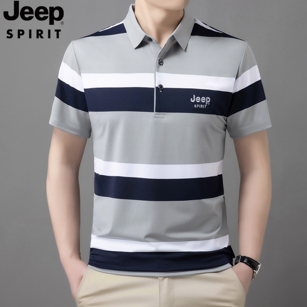 JEEP SPIRIT 반팔 남성 여름 슬림 데일리 오버핏 줄무늬 카라 티셔츠 - 상품 이미지