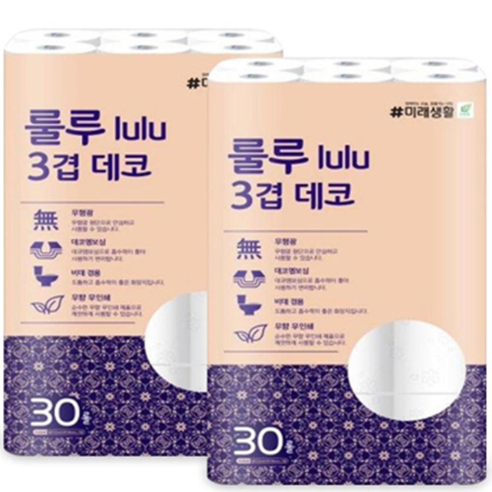 lulu화장지 두루마리휴지 롤티슈 룰루미래생활 3겹 30롤 2팩 - 상품 이미지