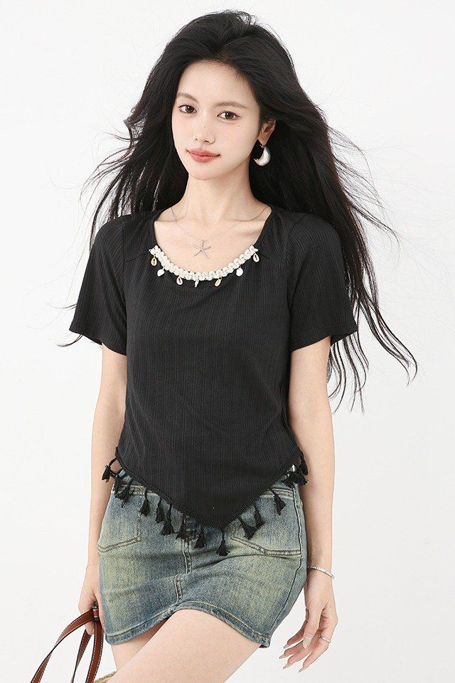 봄 여름 여성 스퀘어넥 크롭티셔츠 넥비즈 태슬밑단 슬림핏 골지 반팔 데일리룩 면티 - 상세 이미지 5